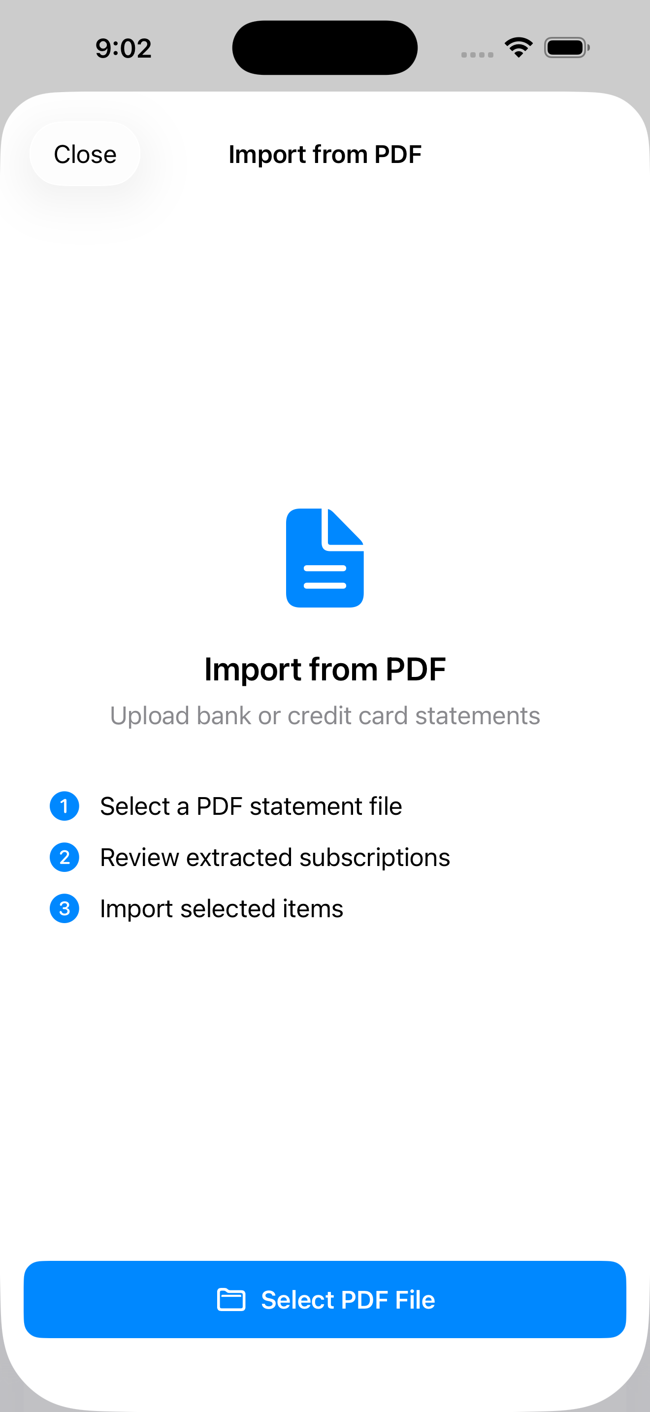 PDF import feature extracting subscription data from bank statements