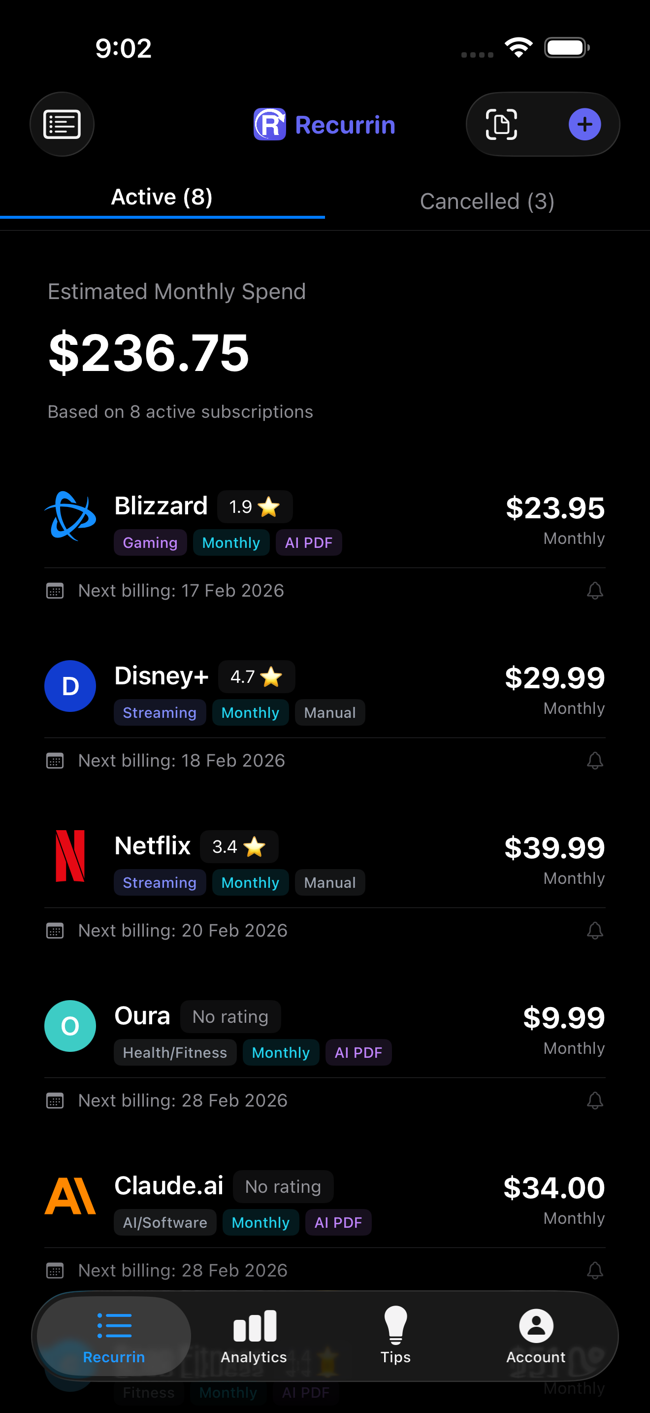 Recurrin dark mode showing subscription list with dark background