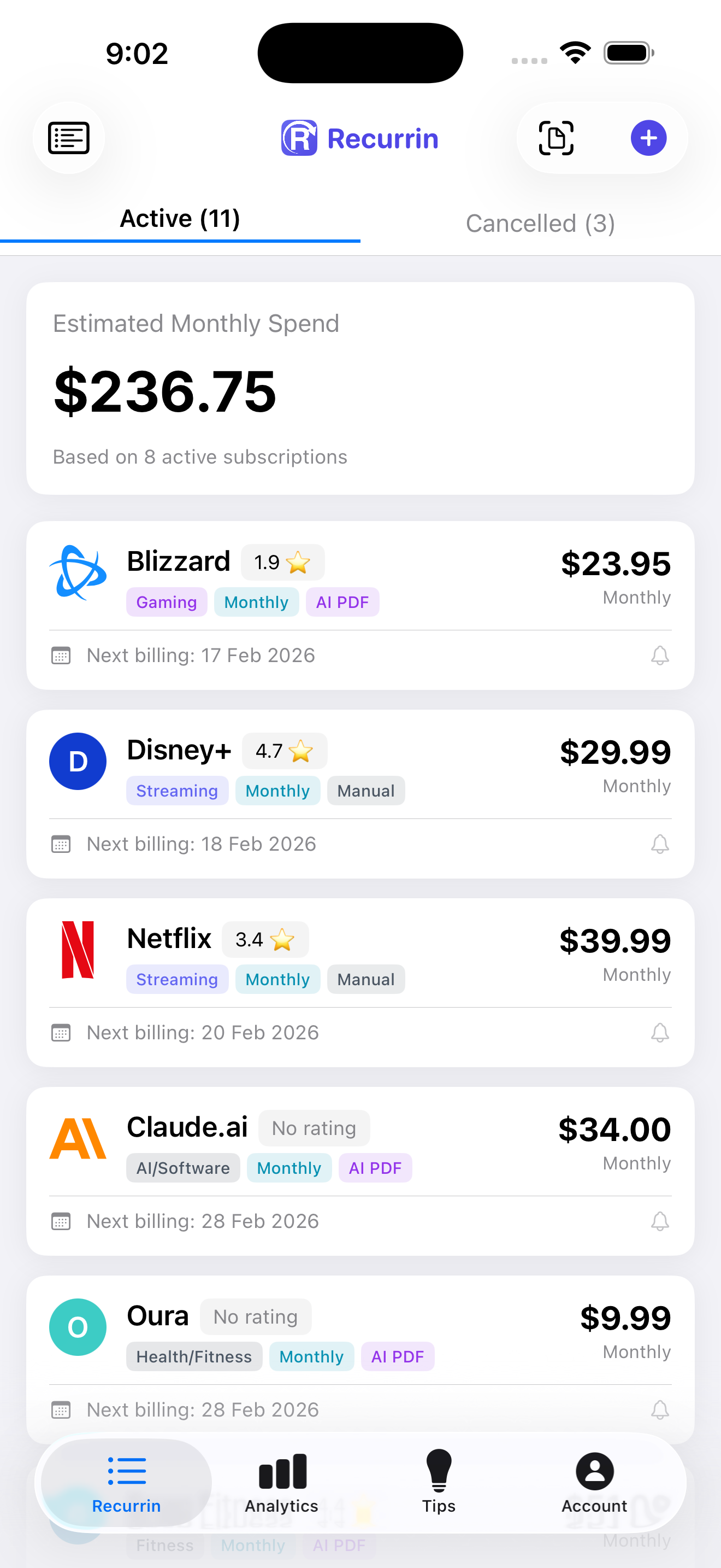 Recurrin app showing active subscriptions list with costs and renewal dates