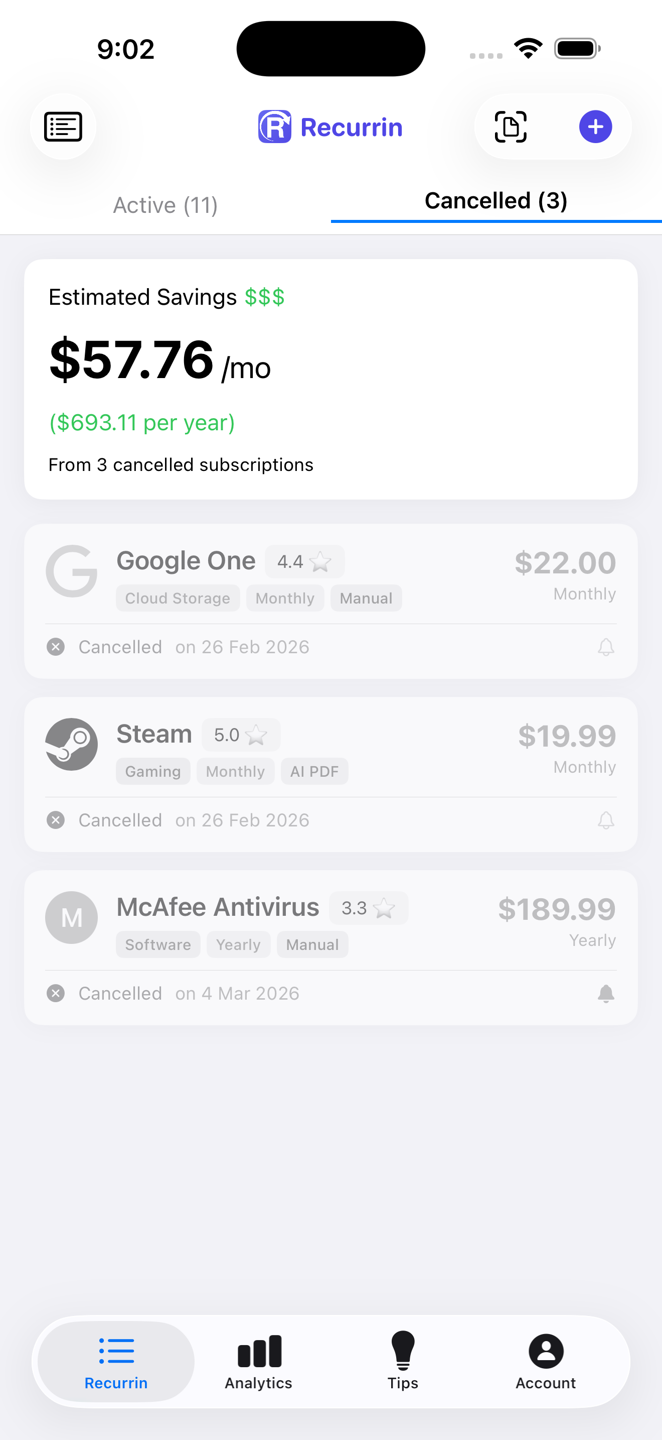 Cancelled subscriptions list showing total monthly savings of $57.76