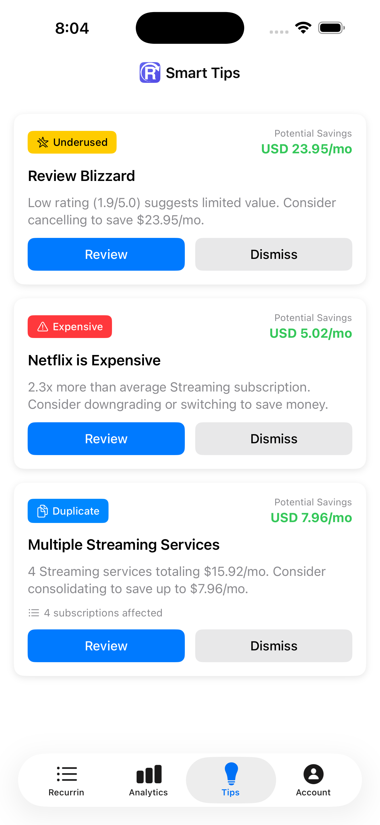 Smart tips screen showing underused, expensive, and duplicate subscription detection